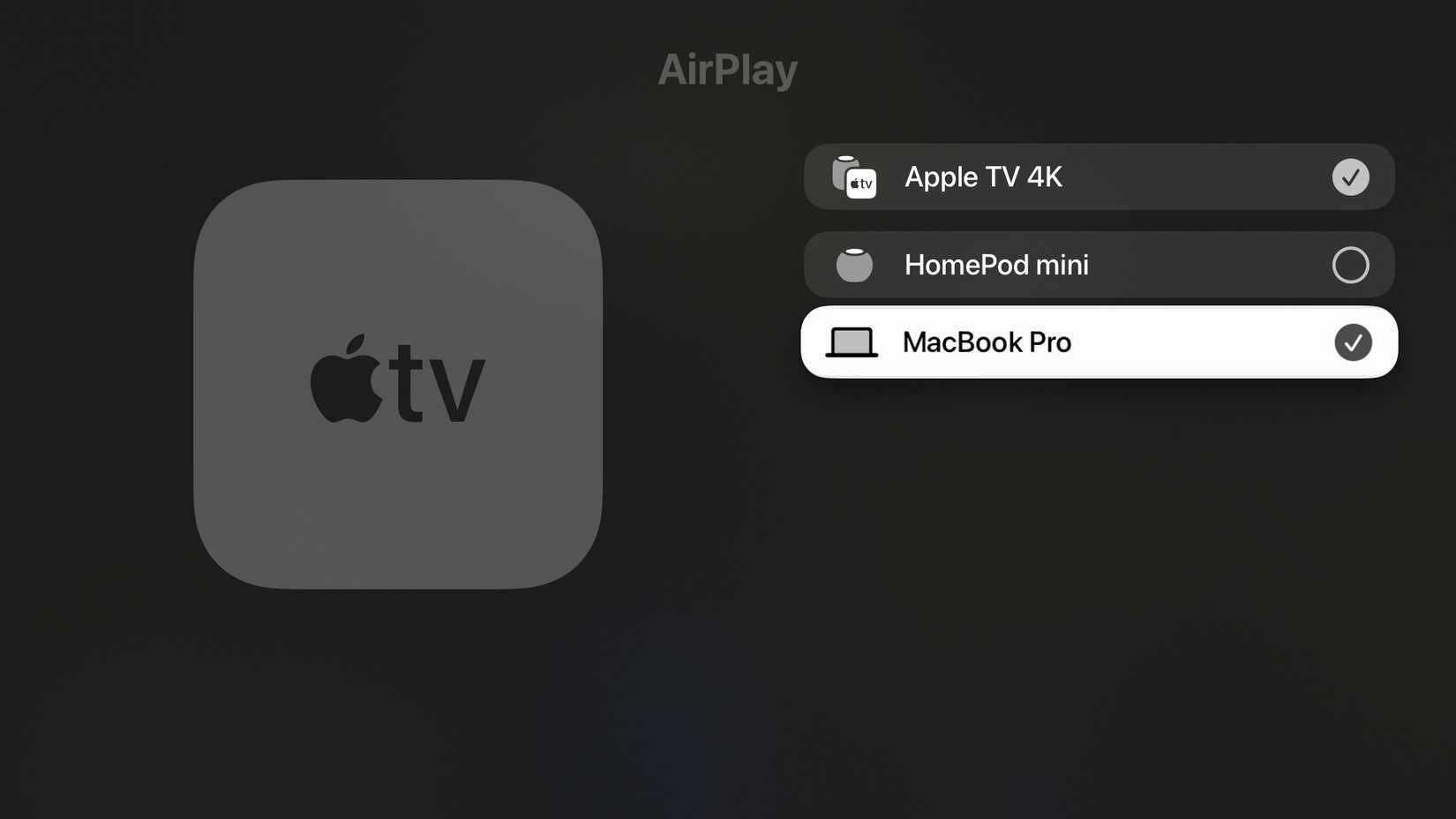 Setting Apple TV audio output to AirPlay speakers.