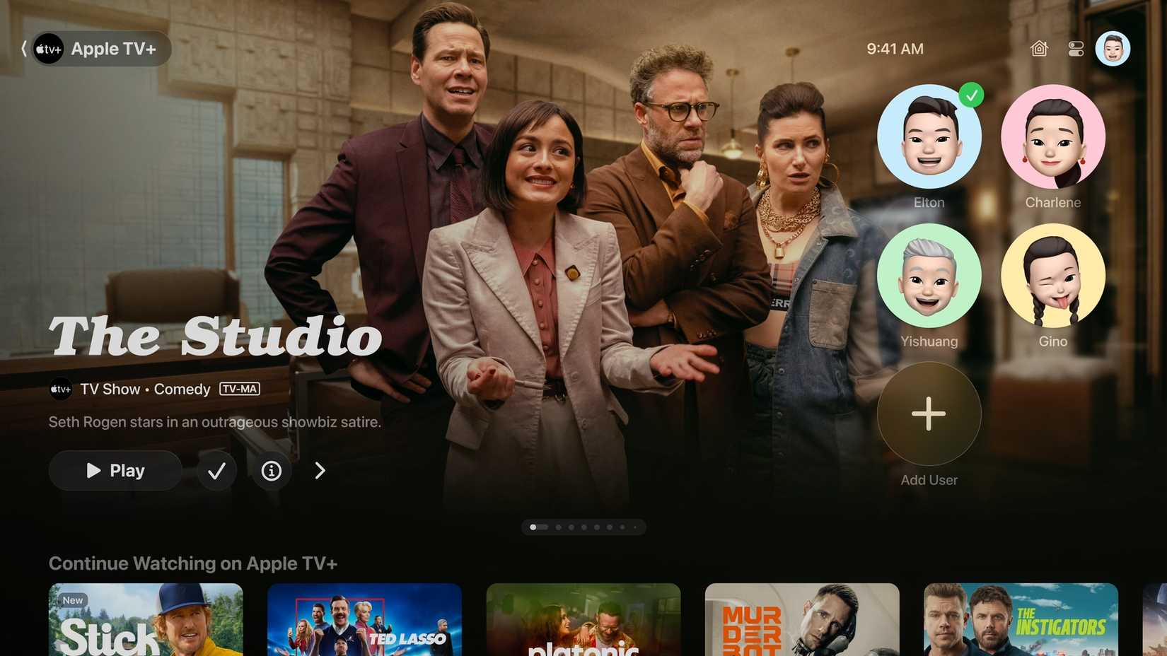 The TV app on Apple TV displaying a show page along with the profile picker overlaid on top.
