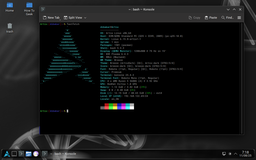 Artix Linux desktop overview with Fastfetch open in Terminal.