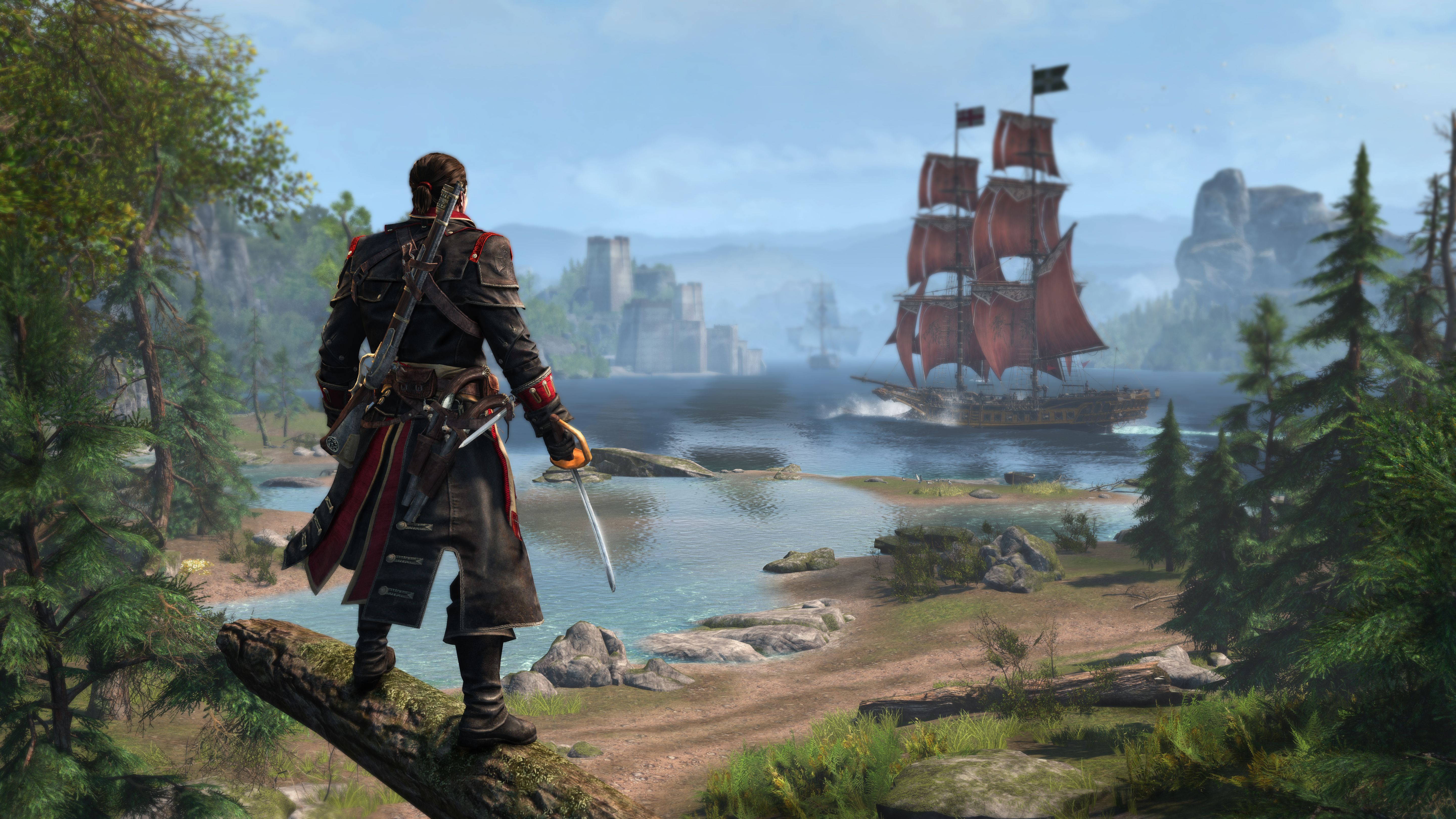 Shay Cormac looking out at ships sailing on the sea in Assassin's Creed Rogue.