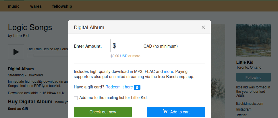 Bandcamp website with an album purchase dialog open featuring a name-your-price field.