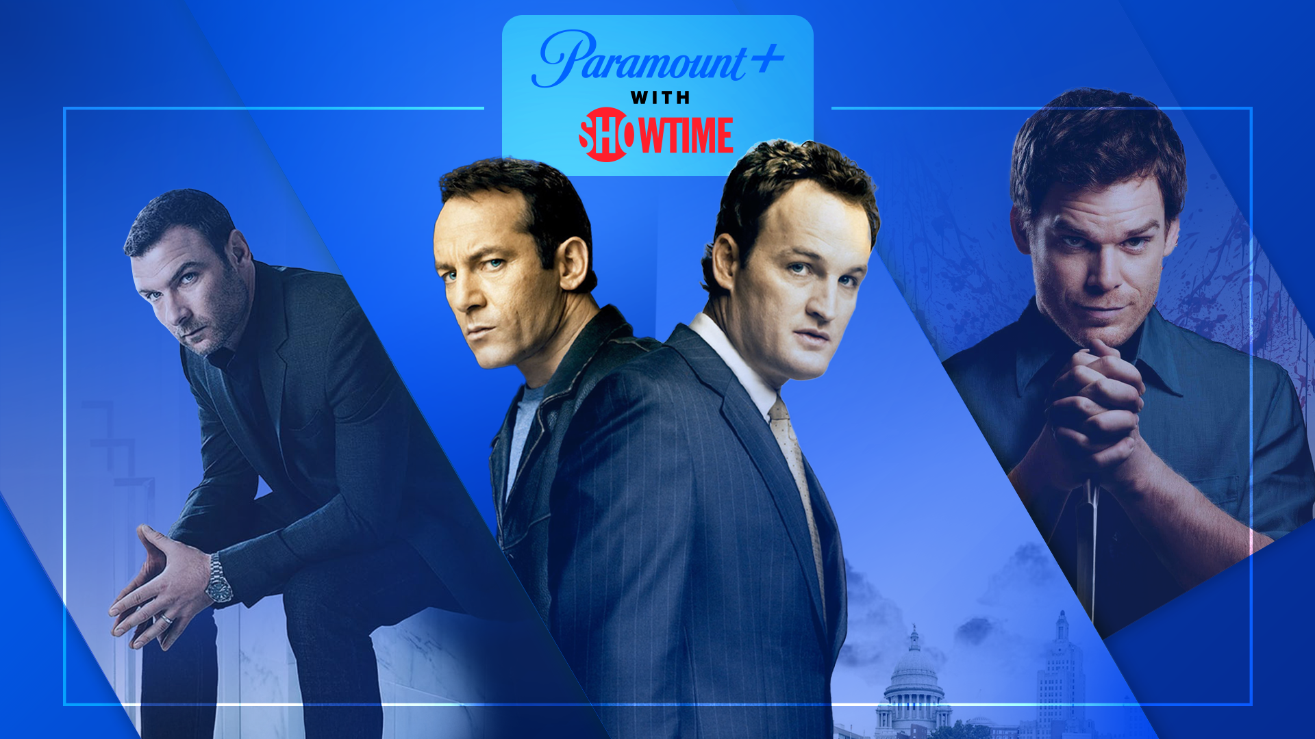 Banner of Paramount+ with Showtime featuring characters from Dexter, Ray Donovan, and Brotherhood on a blue background.