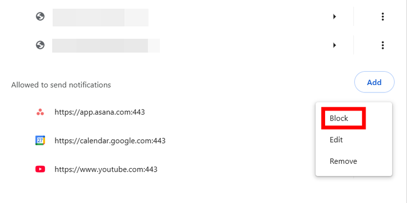 Blocking notifications for a website in Chrome.