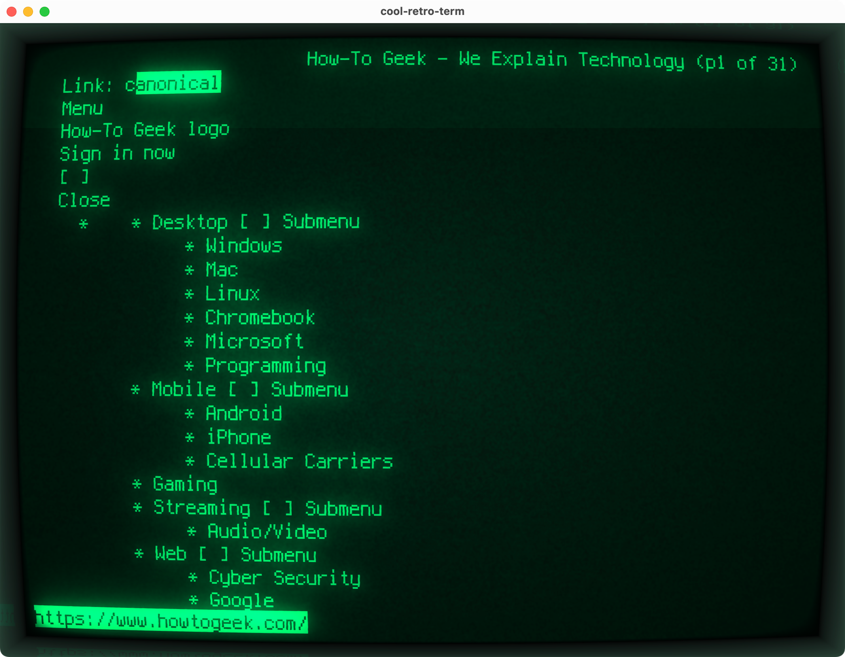 Browsing the web with Links browser and cool-retro-term.