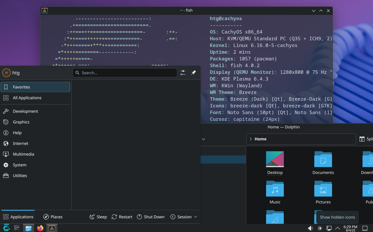 CachyOS desktop with an application launcher, file browser, and terminal open.