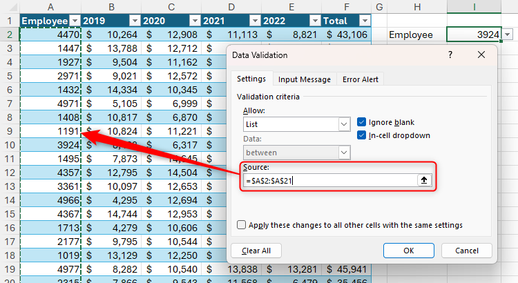 Cells in a column in an Excel table are referenced directly in the Data Validation Source field.