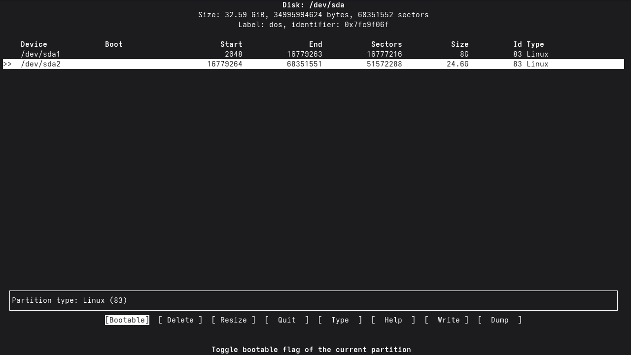 Chimera cfdisk partitioning program in the terminal.