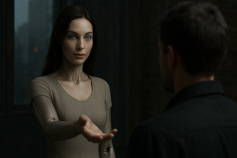 A robotic woman beckons to a man.