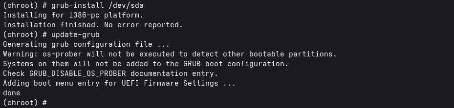 Installing GRUB on the root partition in the Chimera Linux terminal.