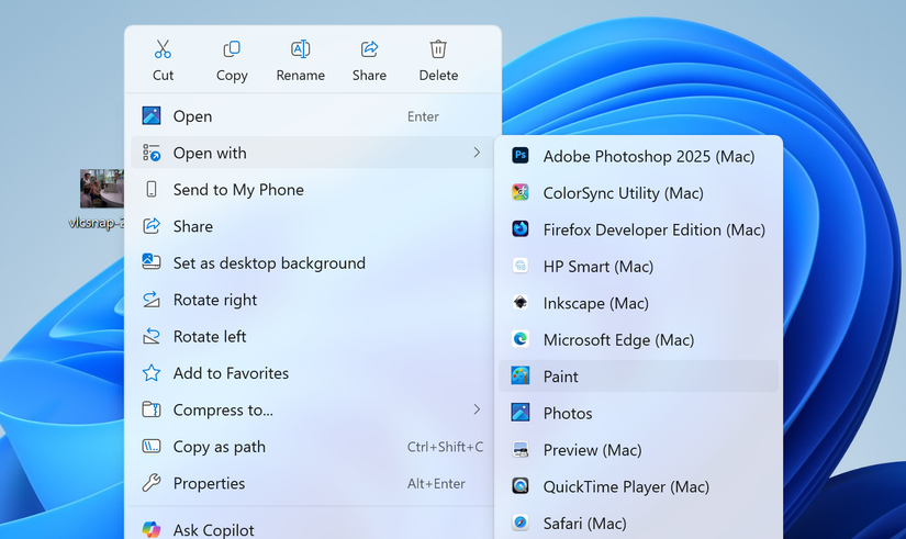 Open with menu in Windows 11, showing Paint and Photo icons with colored square backgrounds.