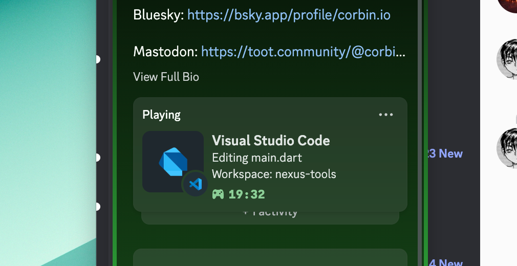Discord profile that shows that I am editing a Dart file in Code vs.