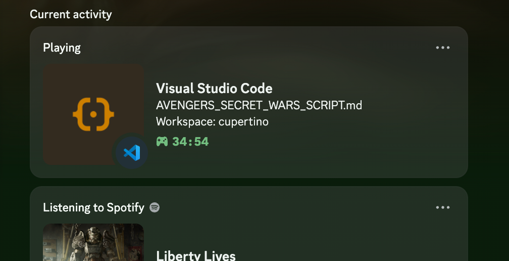 Discord state that says I am editing Avengers_secret_wars_Script.md in the Visual Studio Code.