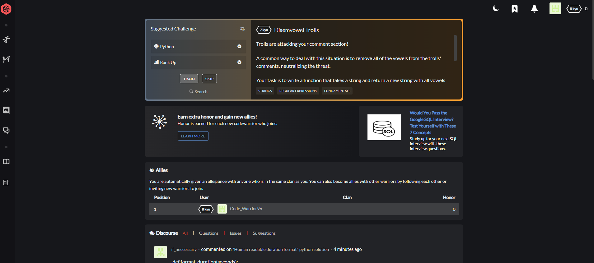 A screenshot of the CodeWars application with the first gamified challenge on the screen. 