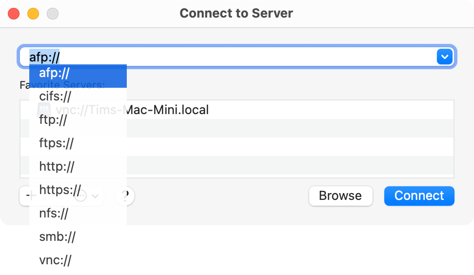 Connect to Server dialog in macOS Finder.