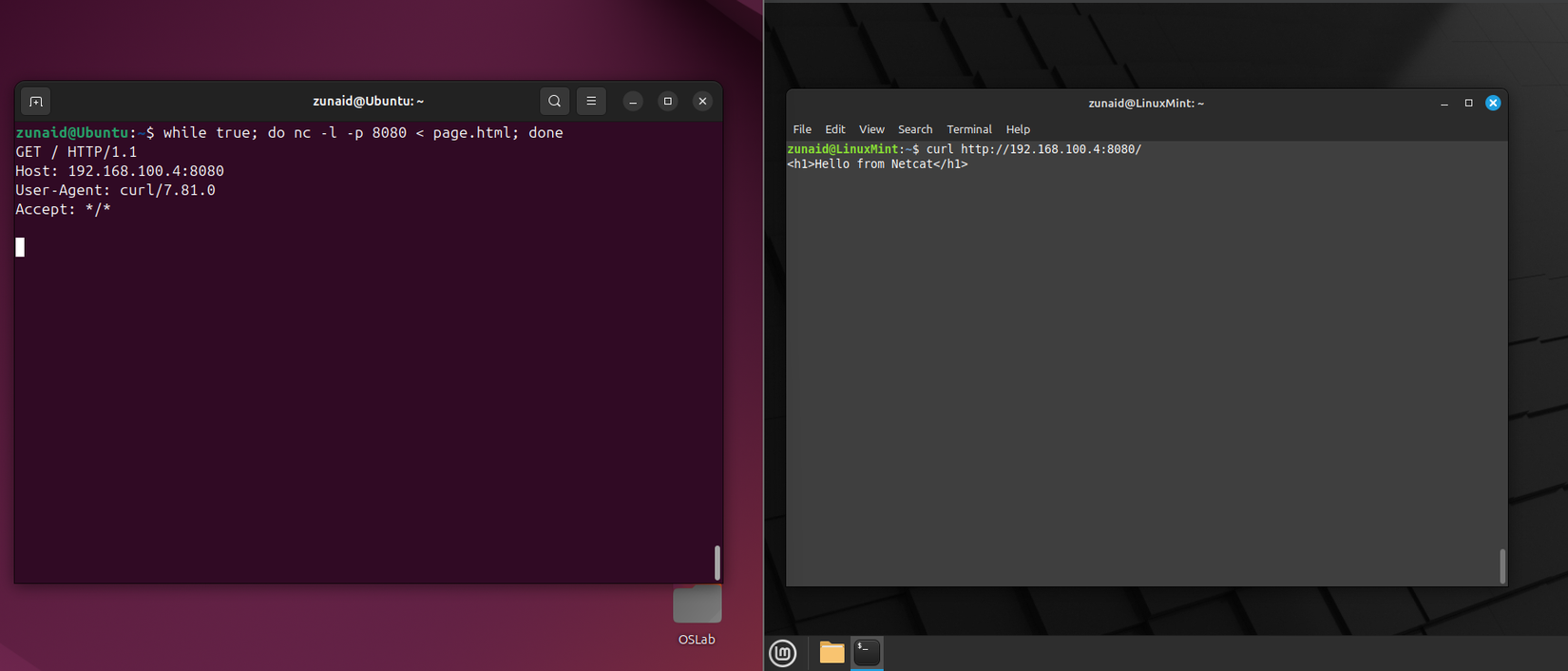 Creation of a minimal web server using the NC command and recover the content using curl.