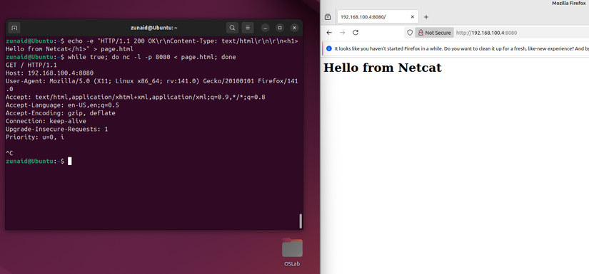 Creation of a minimal web server using the NC command.