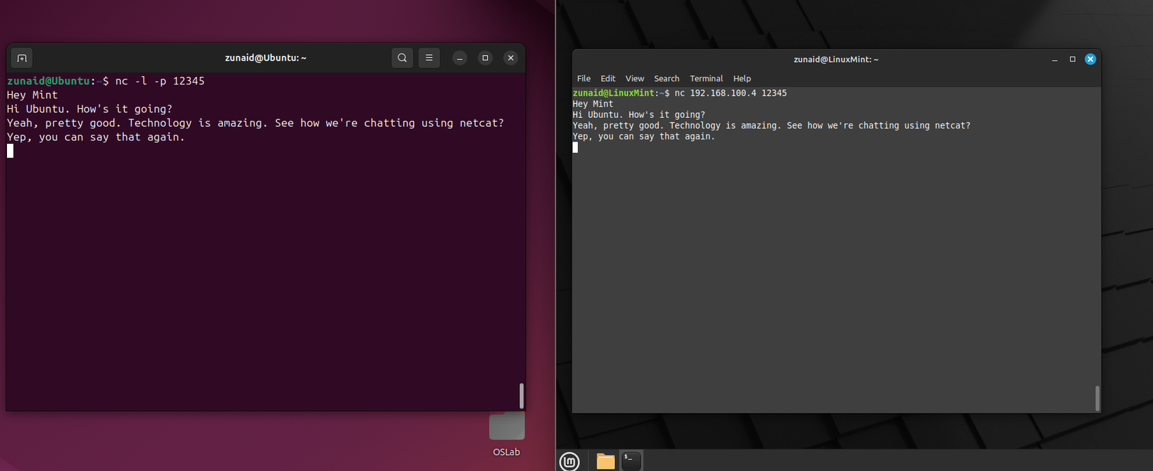 Creating a simple chat application using the nc command.