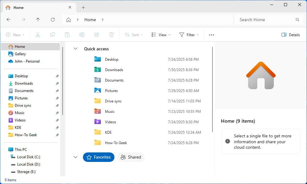 The File Explorer default home page. 
