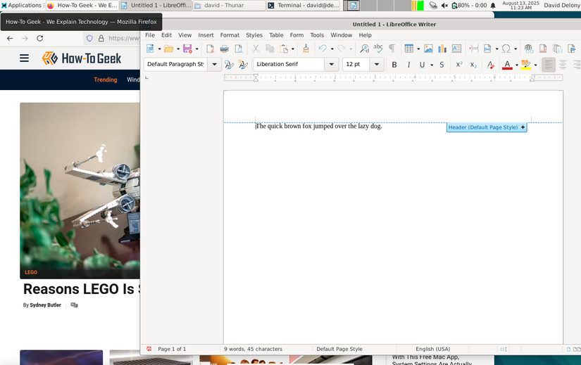 Debian XFCE desktop with LibreOffice Writer, Firefox, and a terminal window open.
