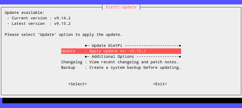 DietPi update dialog.