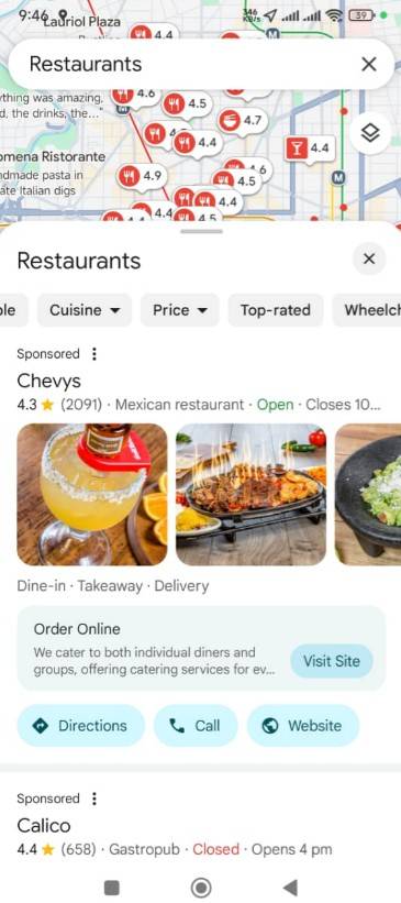 Different filters to sort resturant in Google Maps.