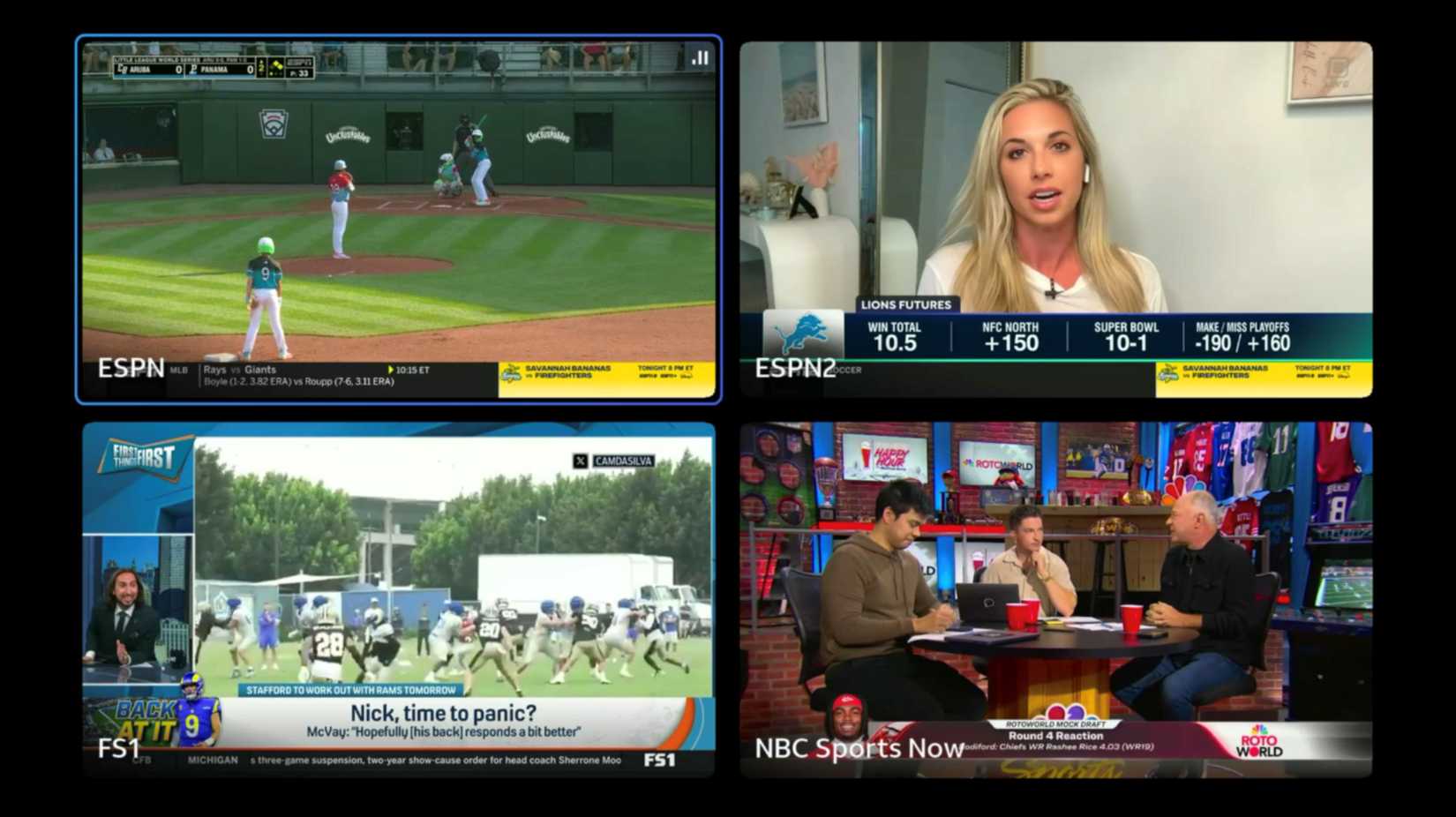 DirecTV multiview showing four channels at once.