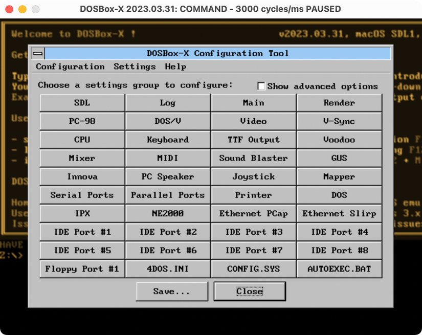 DOSBox-X with the configuration tool on display.