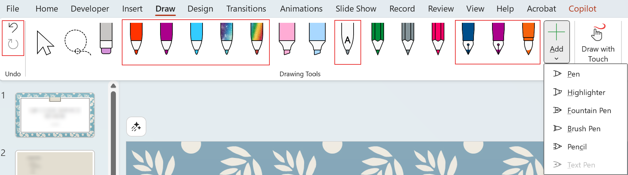 Draw tab in Microsoft PowerPoint.