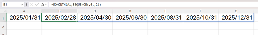 EOMONTH and SEQUENCE used in Excel to return the month-end dates for every second month in 2025 across row 1.