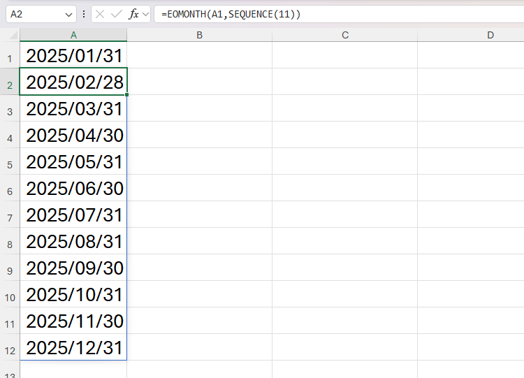 EOMONTH and SEQUENCE used in Excel to return the month-end dates for February to December 2025.