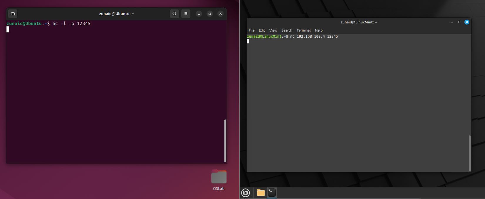 Establishing a network connection between two machines using nc.
