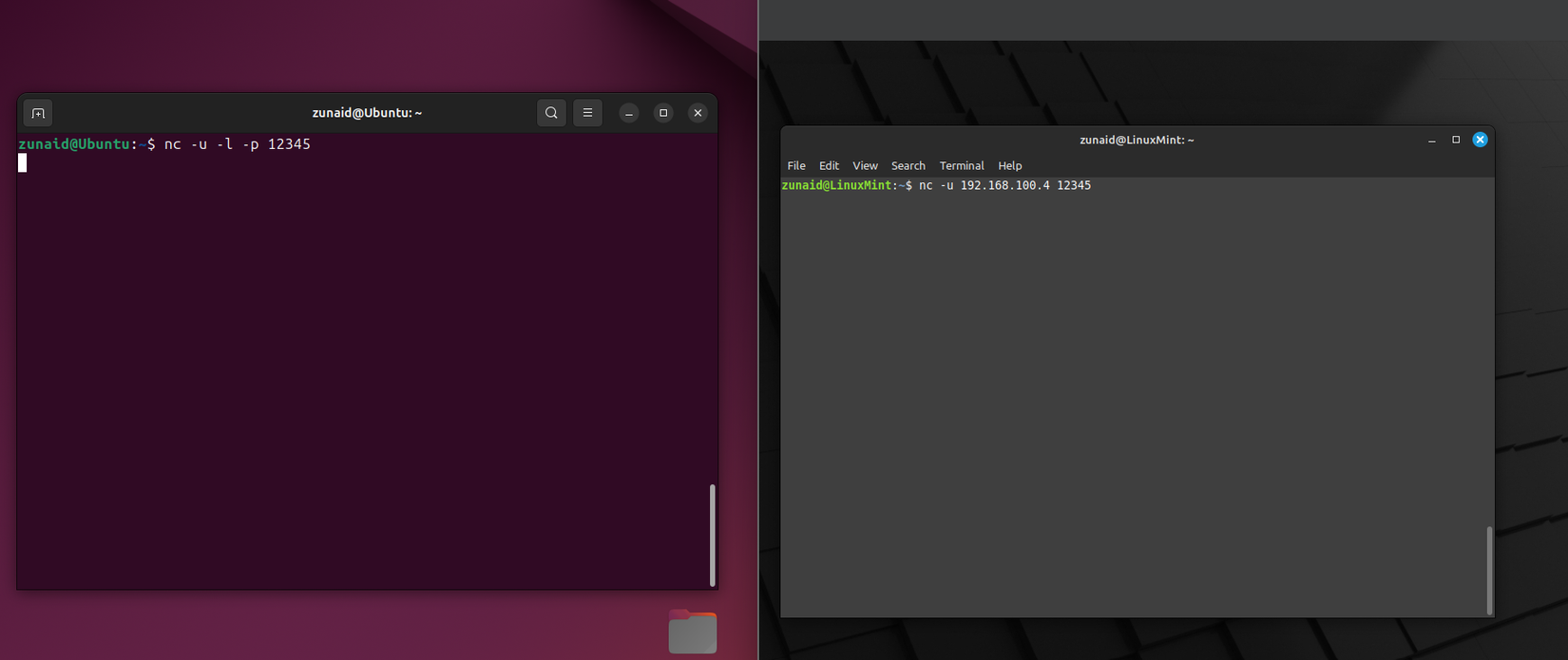 Establish a UDP network connection between two machines using NC.