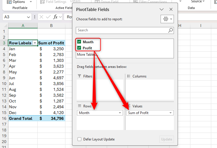 Excel's PivotTable Fields pane, with Month dragged into the Rows area and Profit dragged into the Values area.