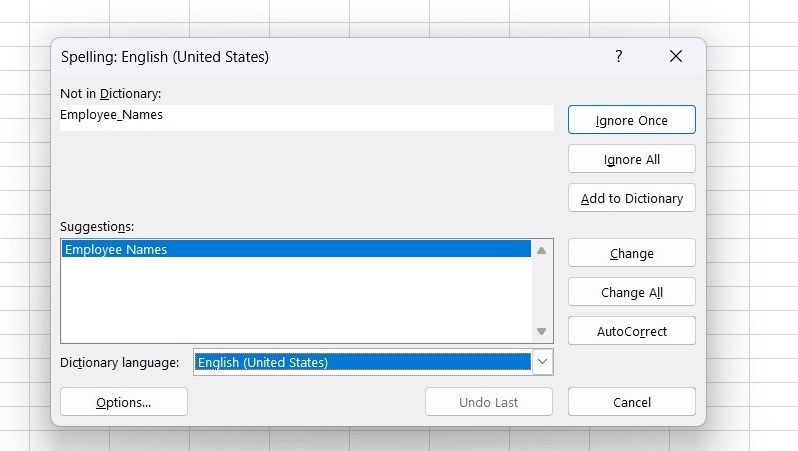 Excel spelling dialog box