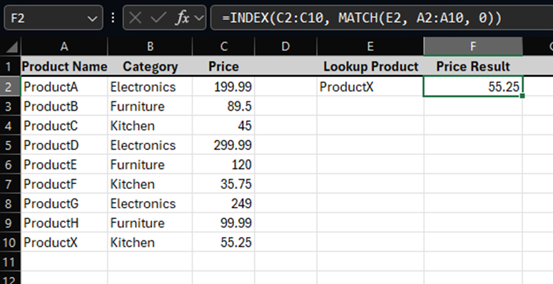 Окно Excel с примером работы функций ИНДЕКС и ПОИСКПОЗ.