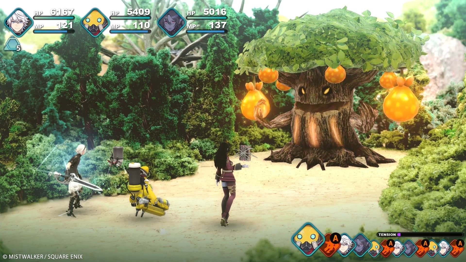 A turn-based battle in Fantasian Neo Dimension.