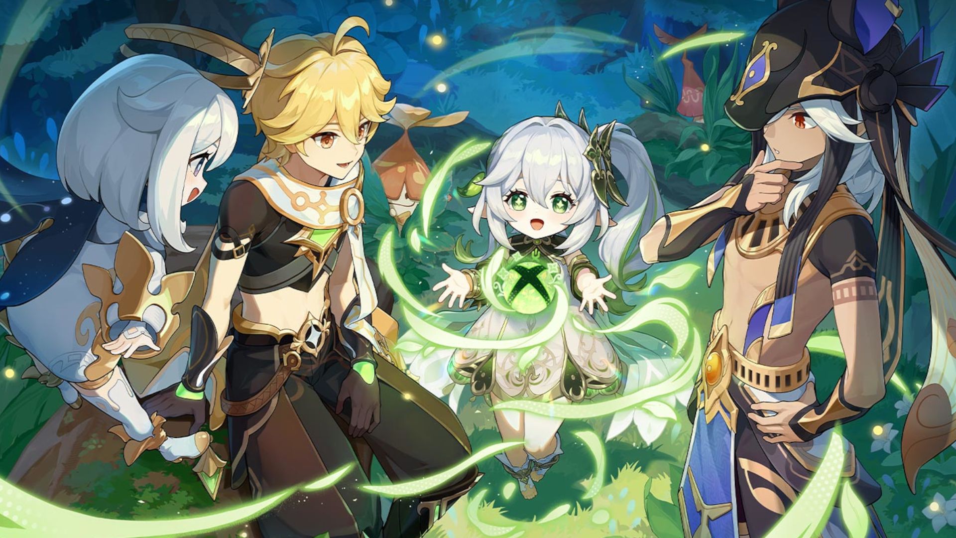 The Xbox logo surrounded by characters from Genshin Impact.