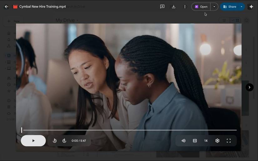 Google Drive showing the open button for videos in a Cymbal training video