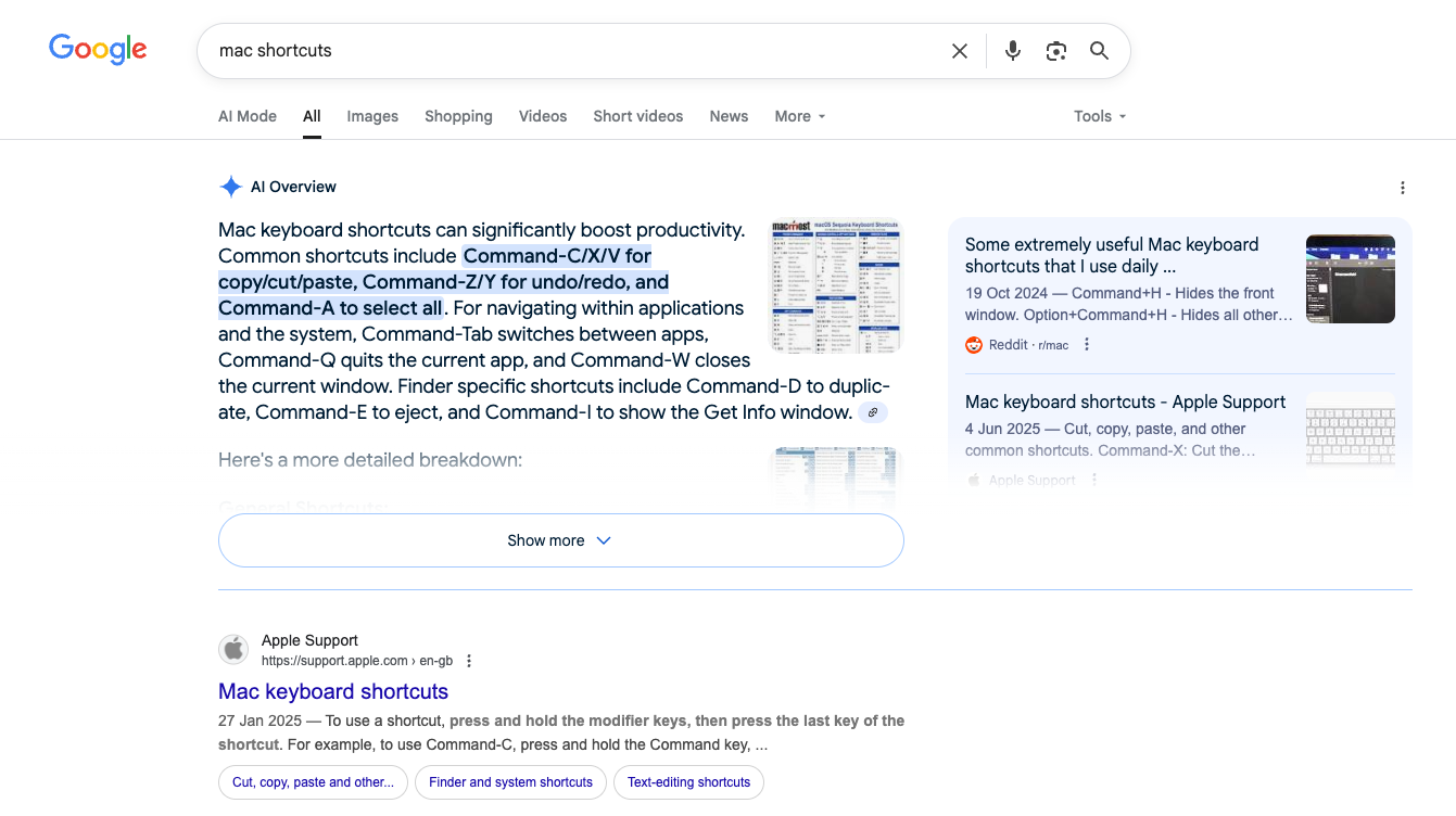Google search results for the term "Mac shortcuts" do not include anything about the Shortcuts app.