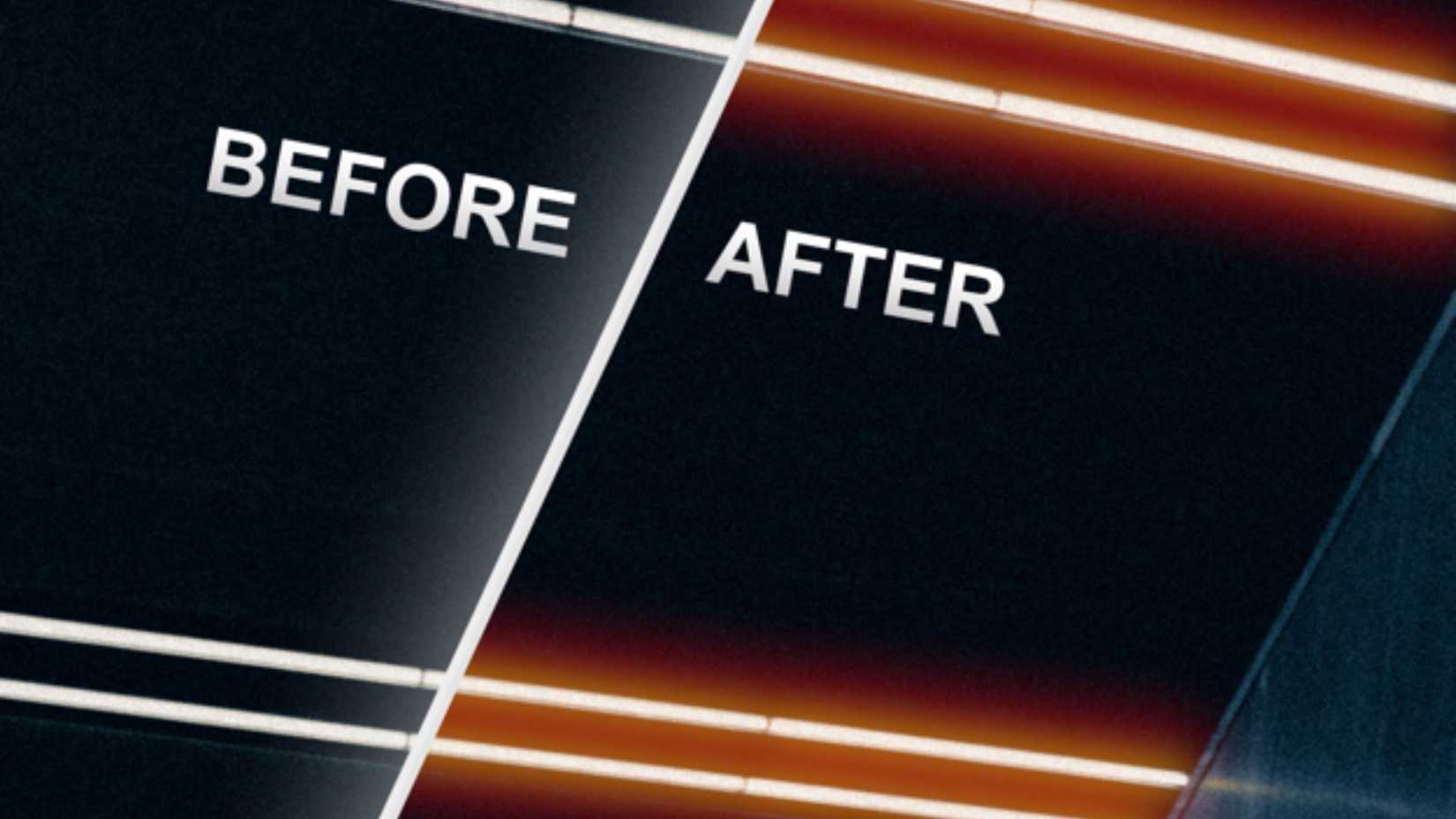 The effect that halation has on an image before and after, showing white lights on the left and red lights on the right.