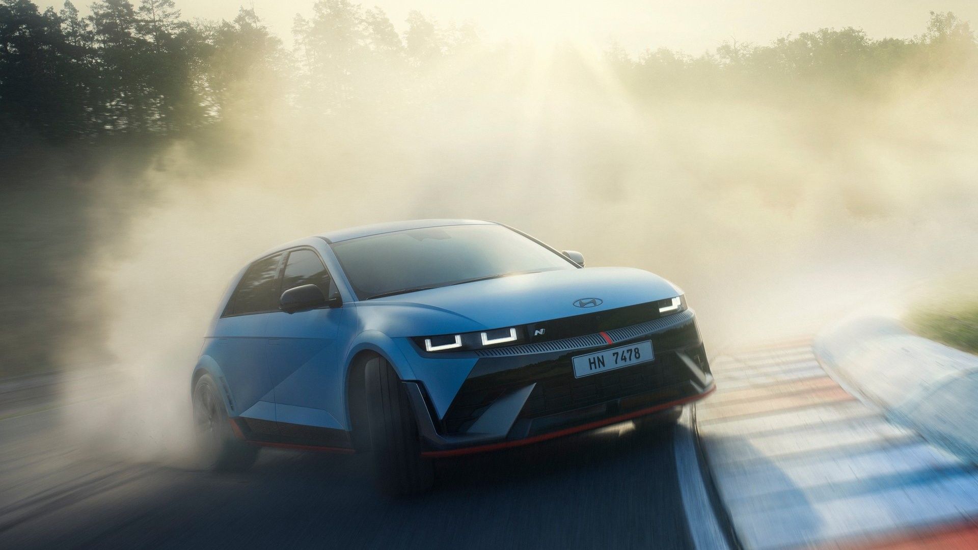 Front 3/4 action shot of a 2025 Hyundai Ioniq 5 N