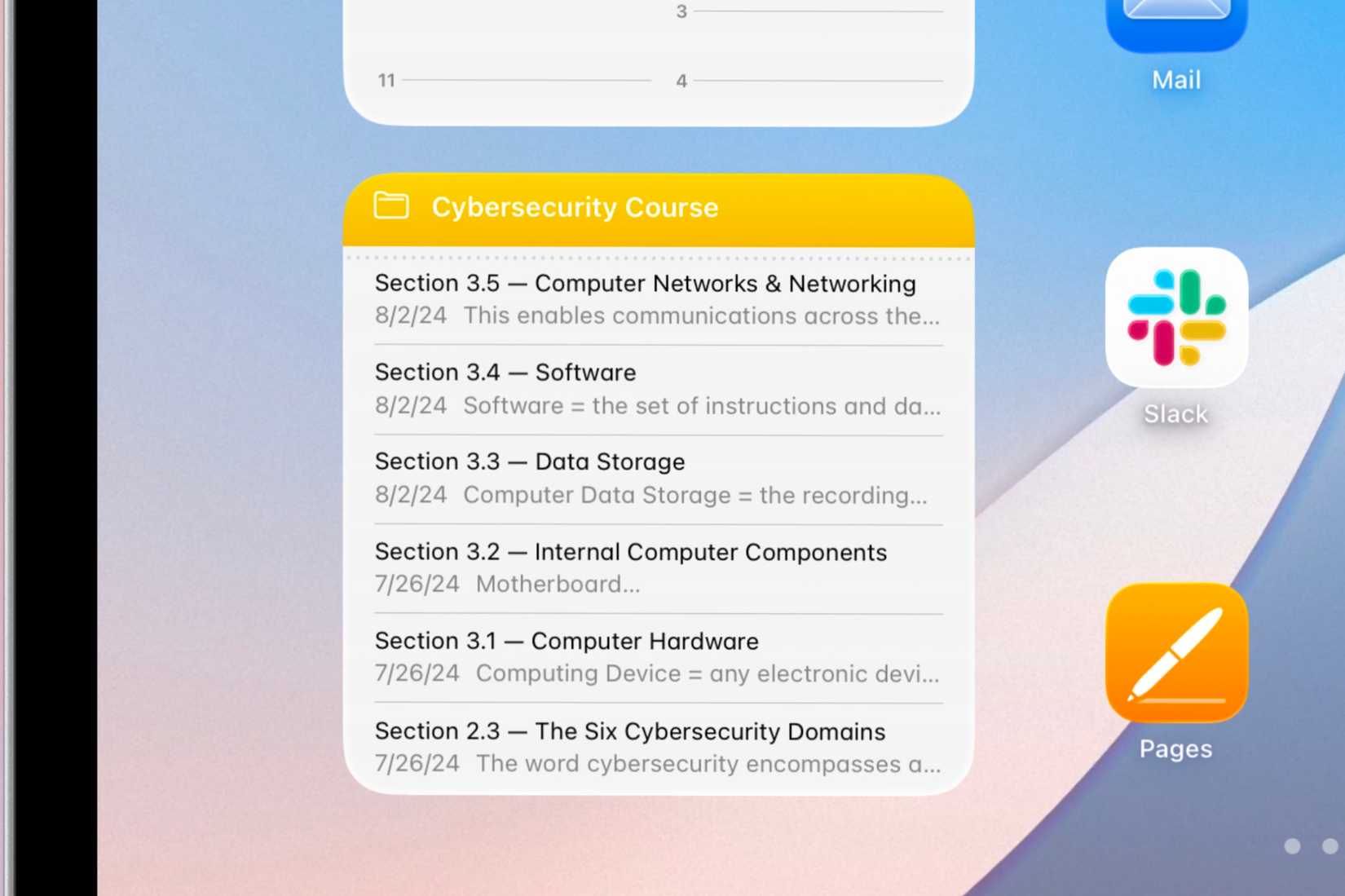 Notes from a course being shown in the Notes widget on an iPad's home screen.