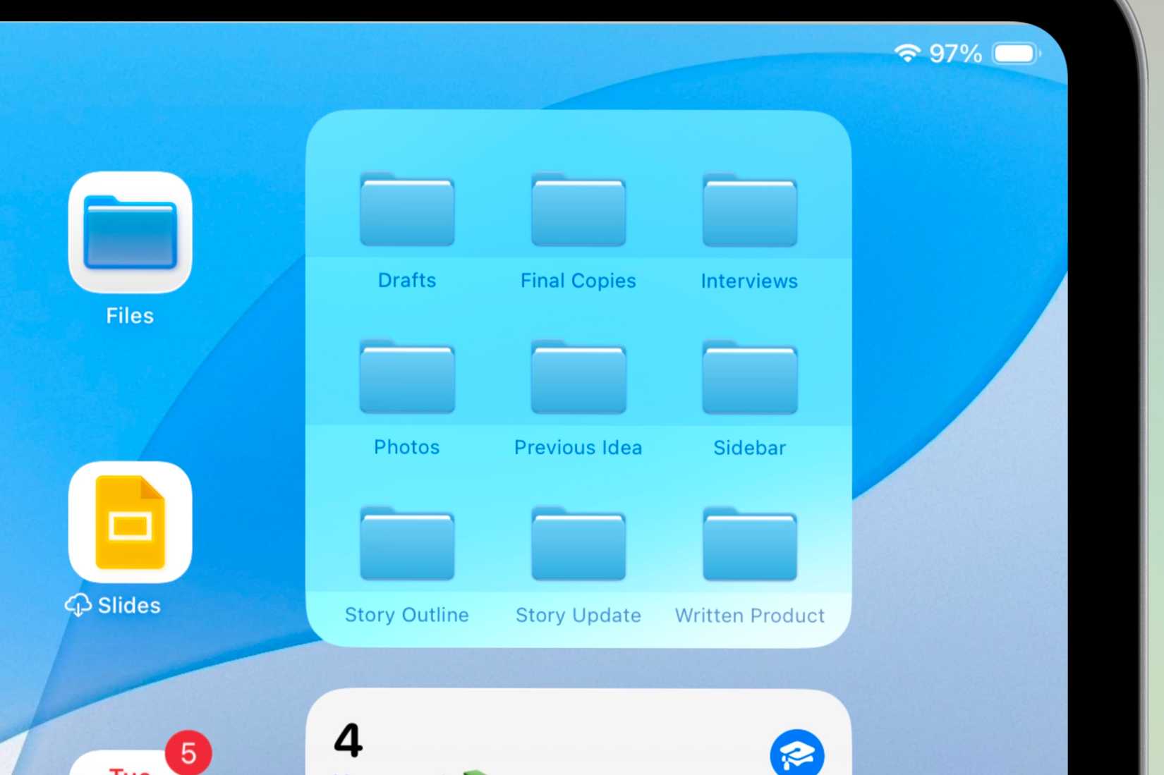 Folders within the Files app widget on an iPad.