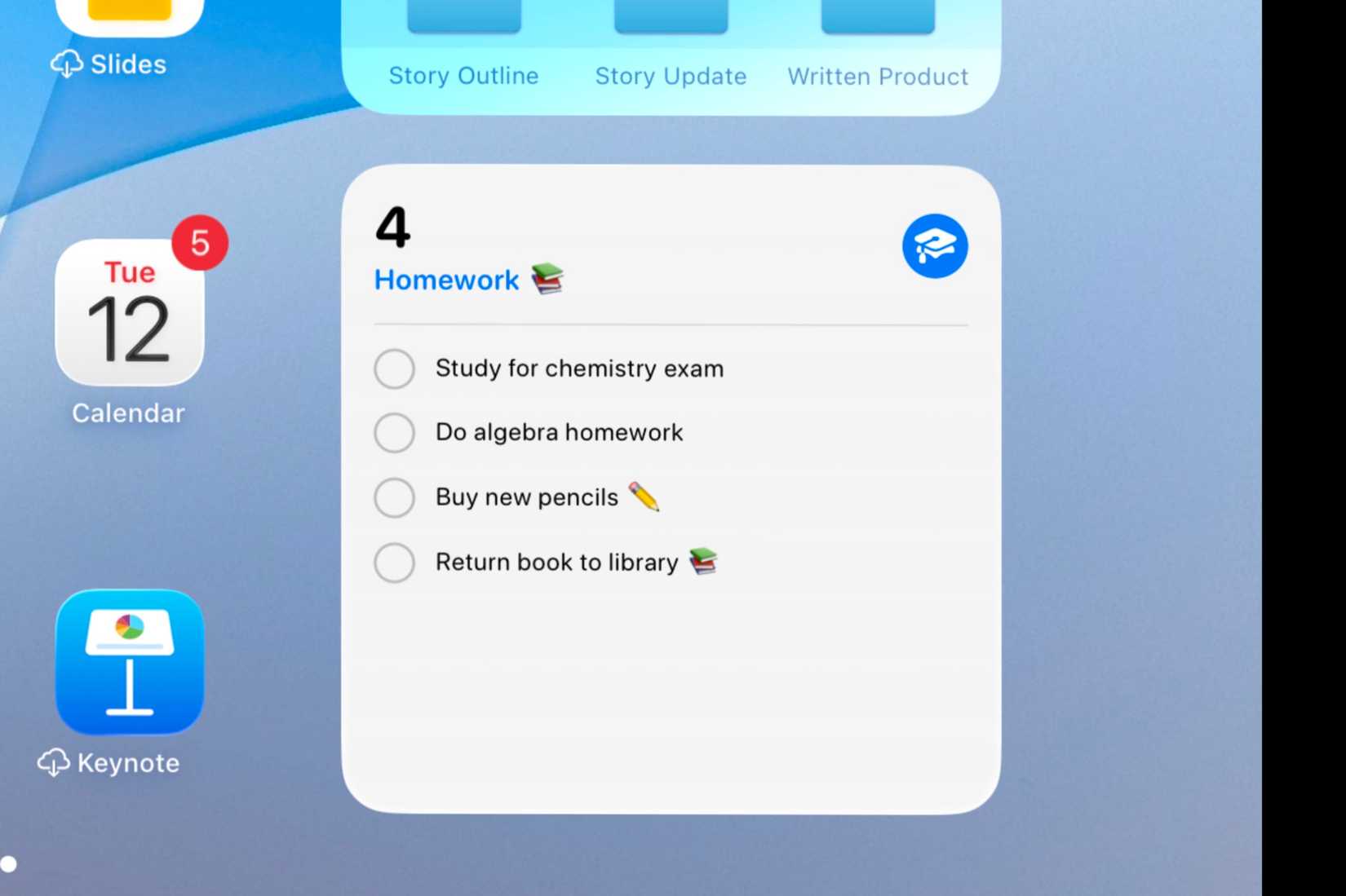 Reminders widget on the iPad showing all the tasks that need to be done for different classes.