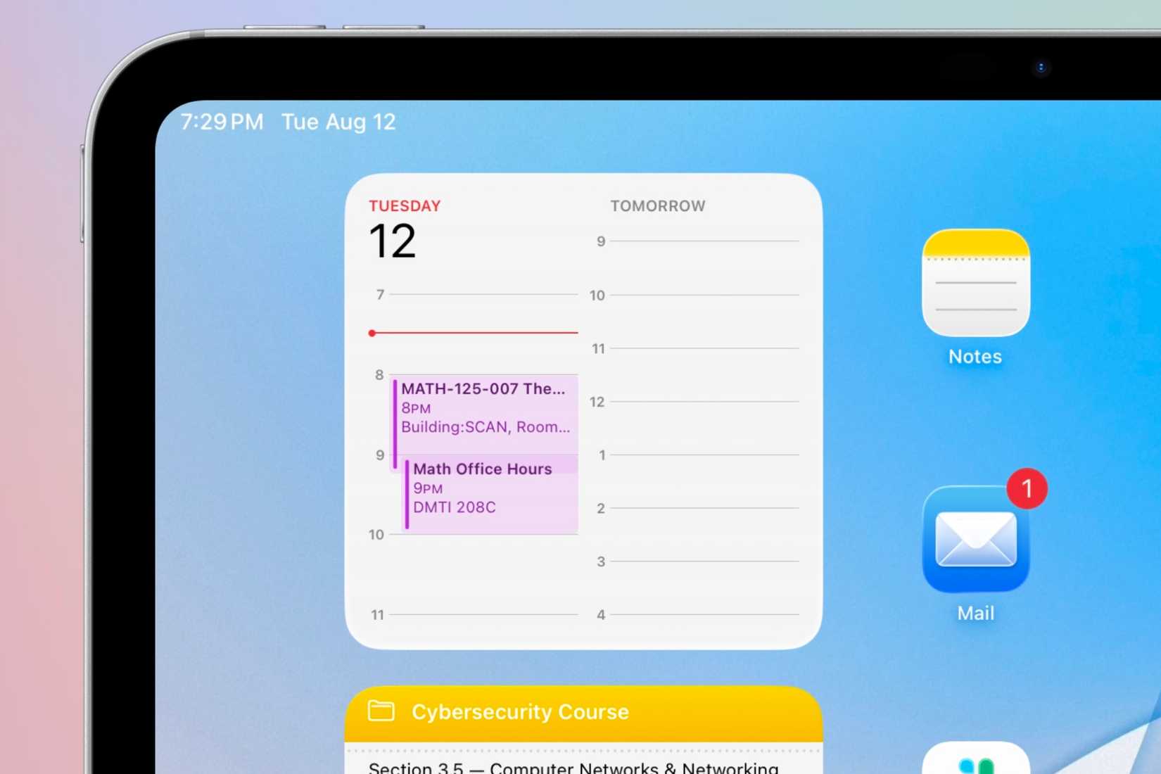 The Calendar widget on the iPad shows upcoming classes and office hours for the day.