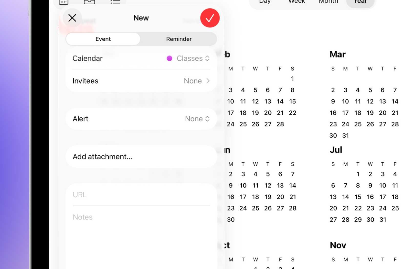 Options pour sélectionner le calendrier dans lequel mettre des événements, qui inviter, et toutes les pièces jointes ou notes à ajouter dans le calendrier Apple. 