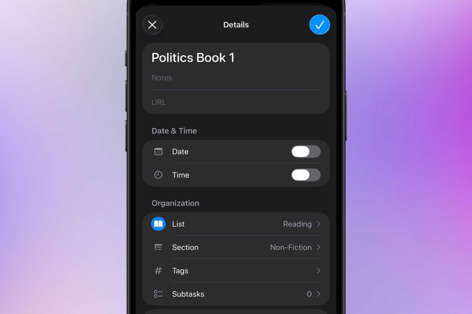 Différentes options pour ajouter le nom, les notes, l'URL, la date, l'heure, la section, la balise et les sous-tâches à un rappel individuel dans les rappels Apple.