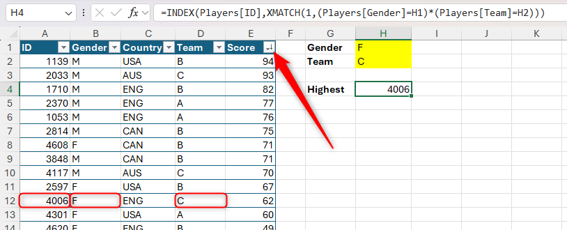 INDEX and XMATCH being used in Excel to return a player ID based on two criteria.