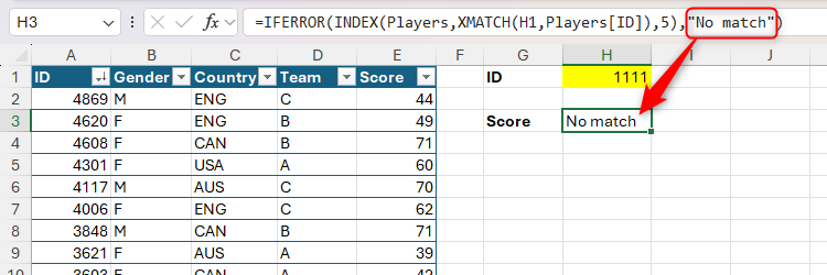 INDEX and XMATCH being used with IFERROR to return the words 'No match' when there's no match.