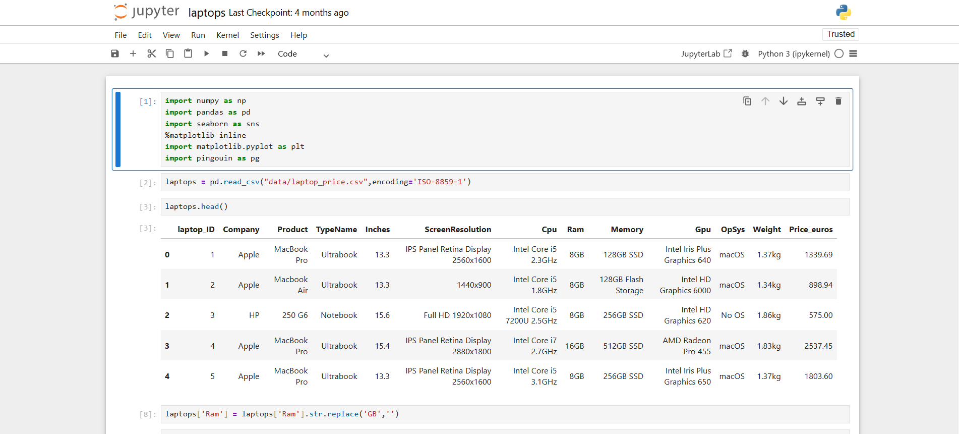 Jupyter-блокнот с данными о ценах на ноутбуки.